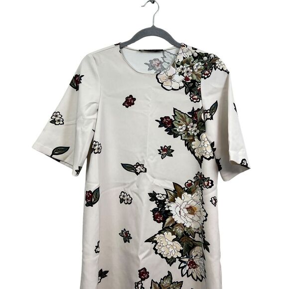 Zara Basic Womens Mini Dress Floral Stretch Bell Sleeves Cream Size XS - Picture 2 of 5